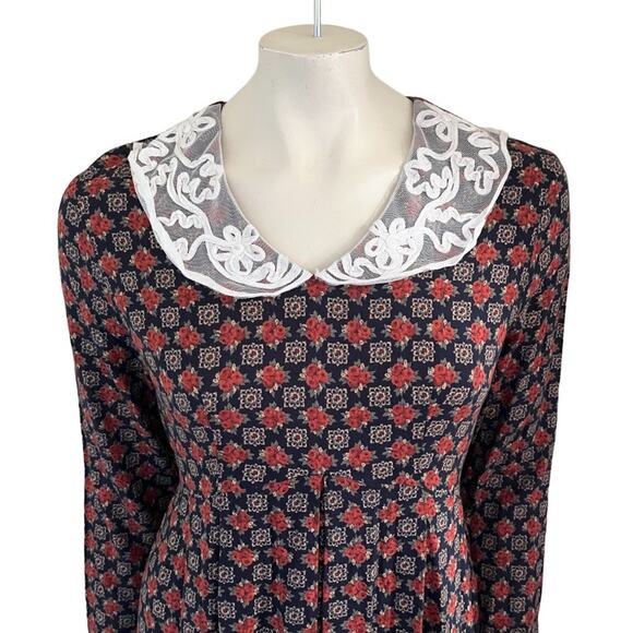 VTG 80s EXPO Lace Collar Moody Floral Long Sleeve Tie Back Midi Dress SZ 6P - Picture 2 of 10